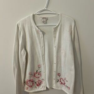 Northern Reflections White Cardigan with Pink Floral Embroidery